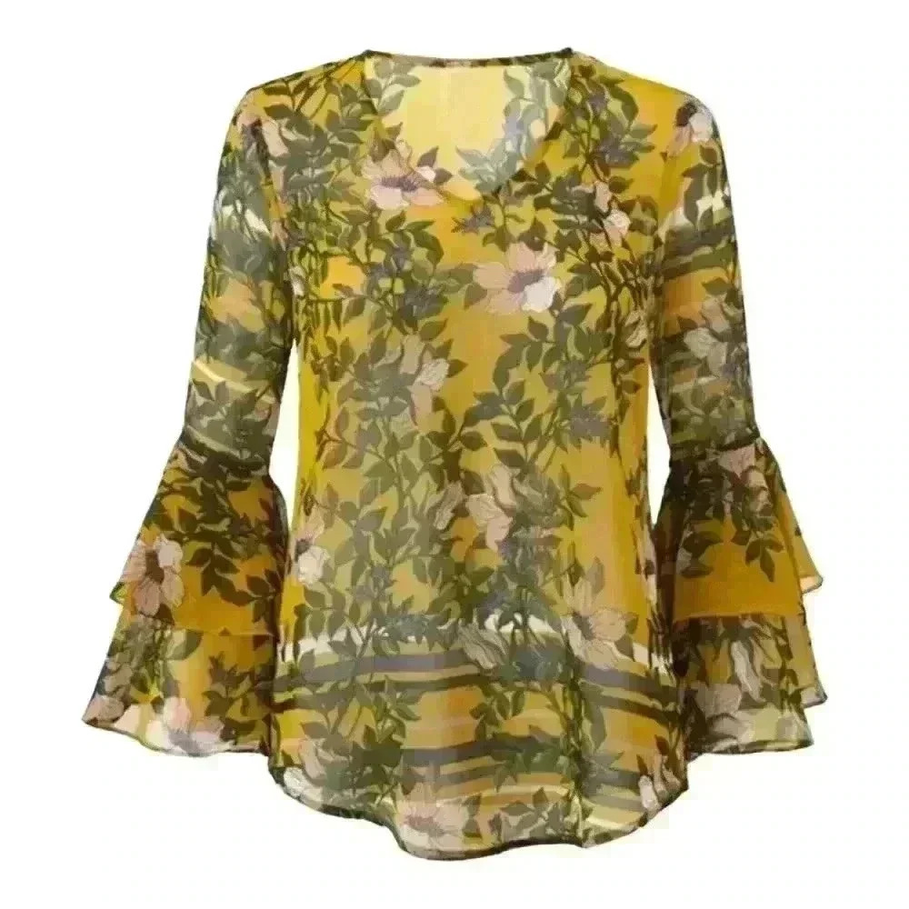 CAbi Spring Scene Sheer Floral Long Sleeve Blouse Size S